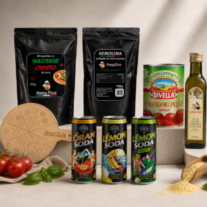 Zestaw Pro – Ciasto, Semolina, Pomidory, Oliwa, 3 Włoskie Napoje i Deska do Pizzy Gratis