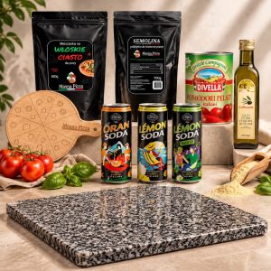 Zestaw Expert – 2x Ciasto, Semolina, 2x Pomidory, Oliwa, 3 Włoskie Napoje oraz Deska i kamień do pizzy GRATIS
