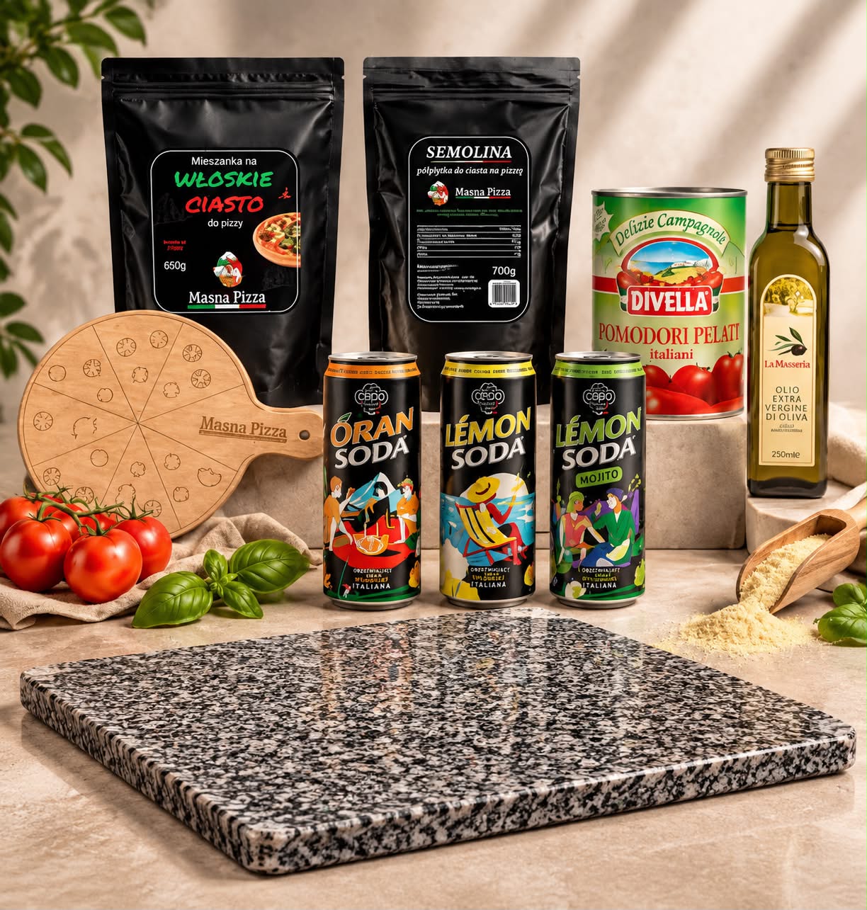 Zestaw Expert – 2x Ciasto, Semolina, 2x Pomidory, Oliwa, 3 Włoskie Napoje oraz Deska i kamień do pizzy GRATIS