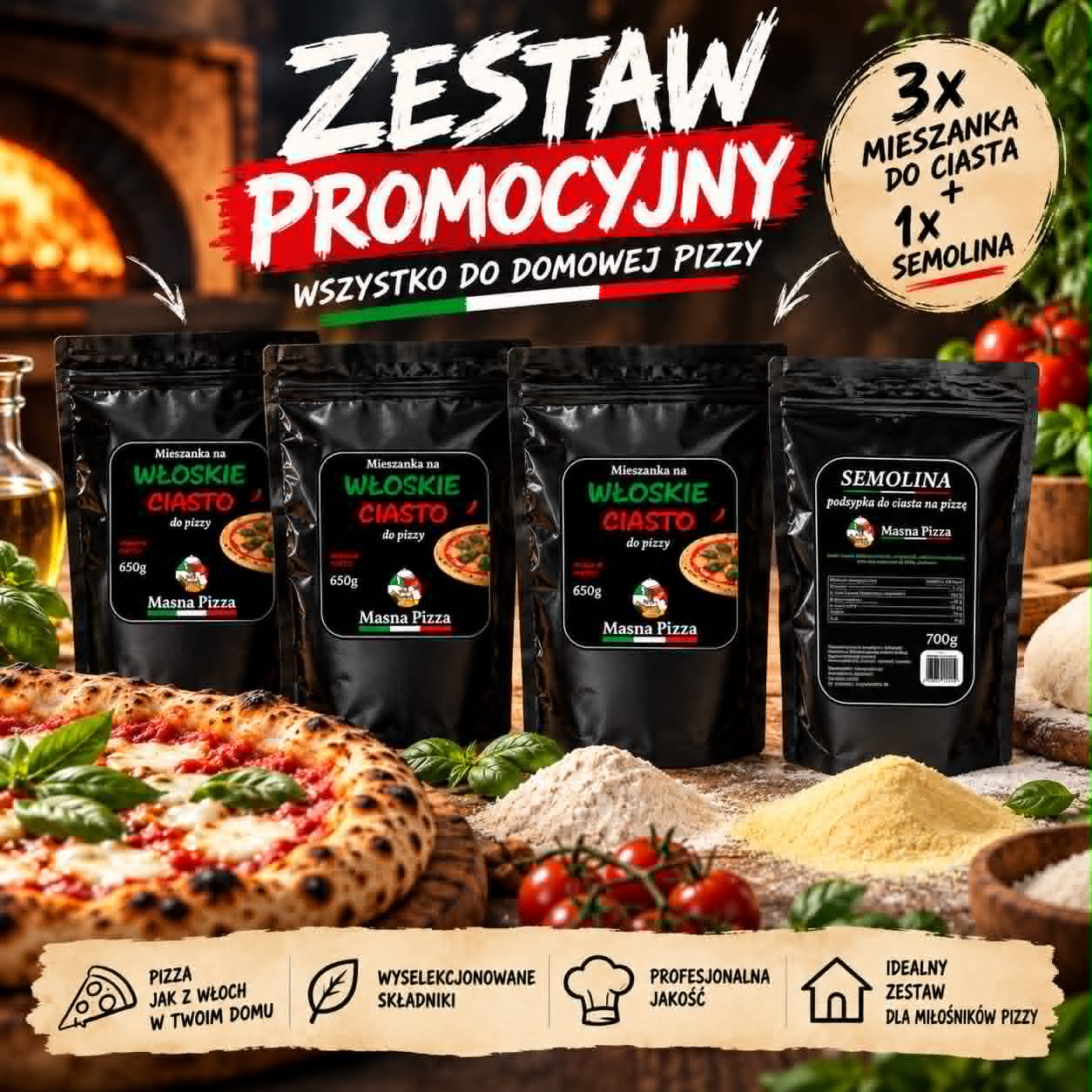 Zestaw PROMOCYJNY – 3x Mieszanka na Włoskie Ciasto 650 g + Semolina 700 g